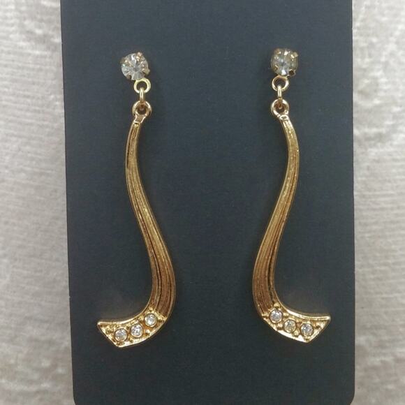 Anne Klein Earrings Rhinestone Swoop Vintage Textured Gold Tone Dangle Elegant - Picture 8 of 11